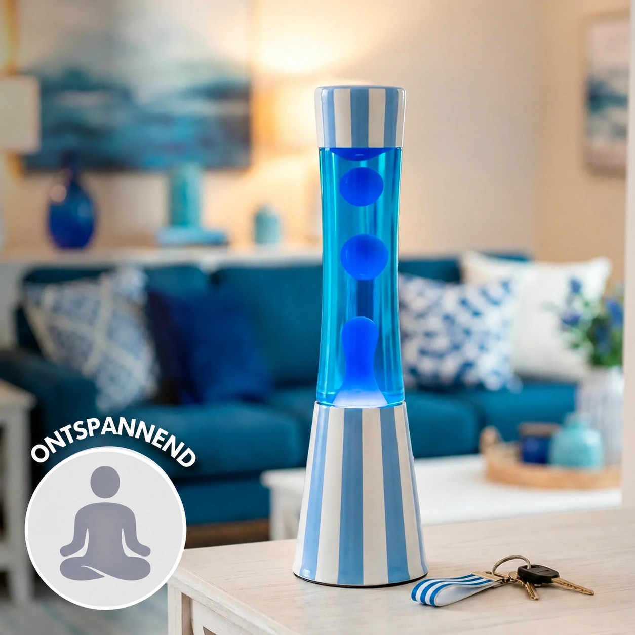 Fisura Grote Design Lavalamp met Blauwe Lava - Streepjes op een zwarte achtergrond. 