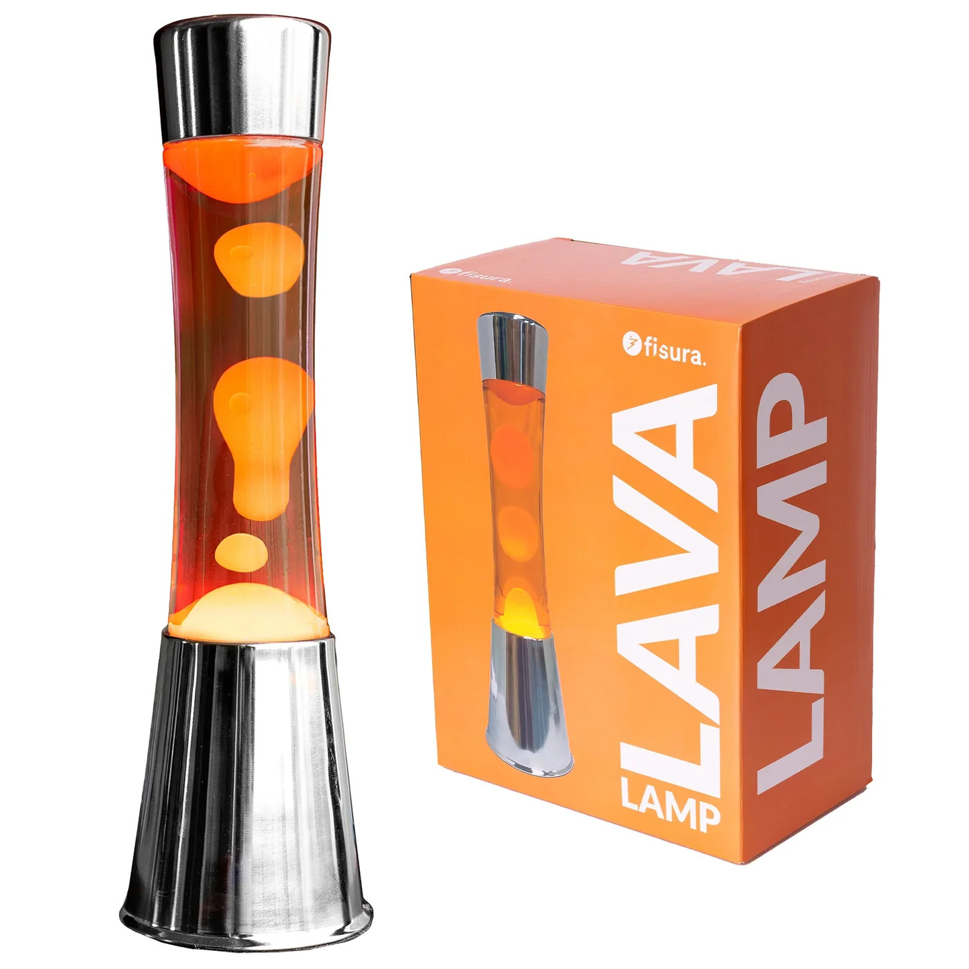 Fisura Grote Design Lavalamp met Oranje Lava - Chrome & de verpakking. 